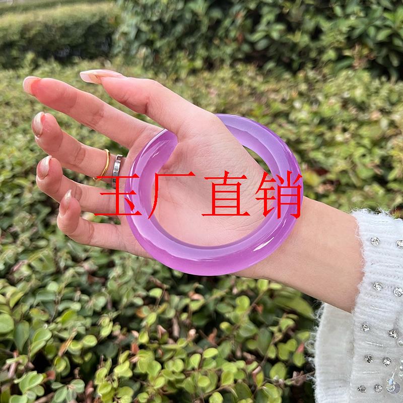 精品马达加斯加冰种紫玉髓手镯紫罗兰色胖条圆条镯妖紫玛瑙镯饰品