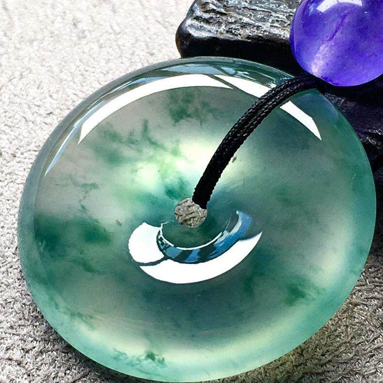 精品缅甸老坑翡翠色平安扣吊坠冰种飘花玉佩扣子高级时尚百搭项链