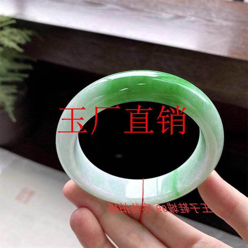 缅甸老坑翡翠色冰糯种晴水白底青阳绿飘花正圈玉石手镯高级感女款