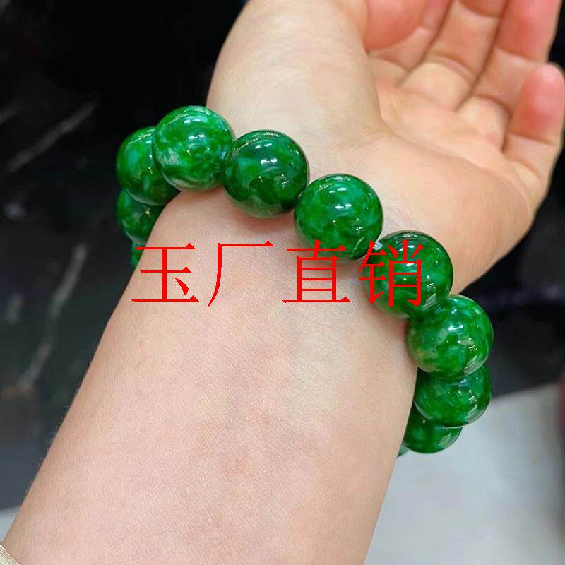 缅甸老坑豆种翡翠色冰糯种手链男女款大圆珠满色辣绿饰品单圈手串