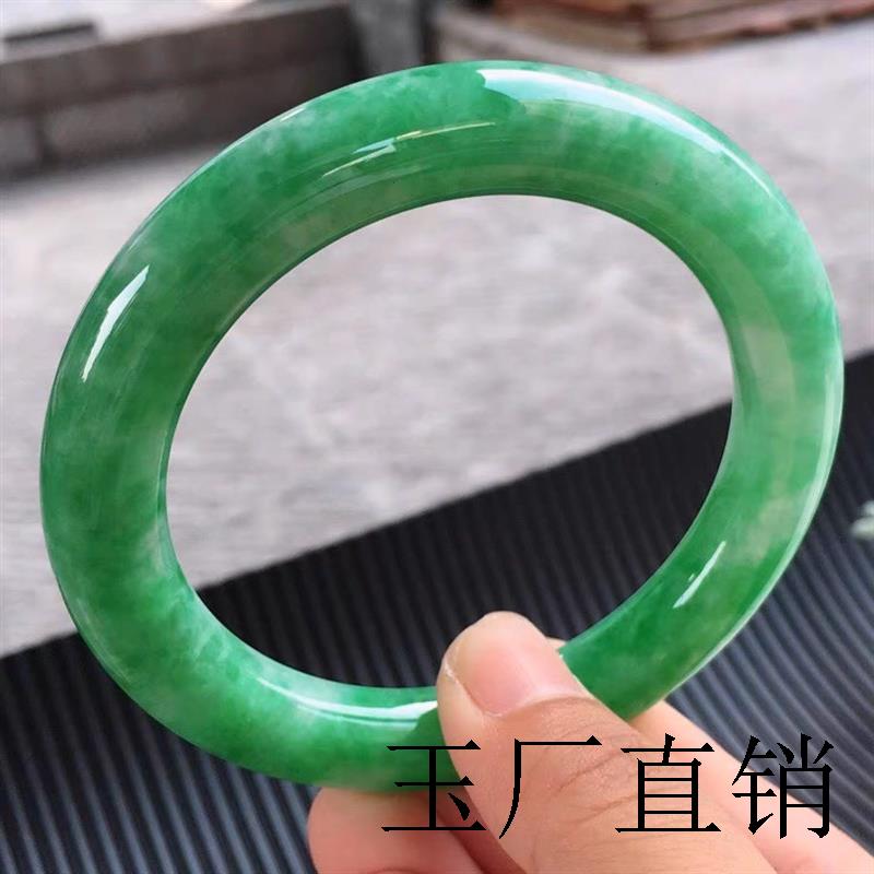 缅甸老坑帝王绿翡翠色手镯冰糯种满绿圆条玉石女款玉镯送人送礼品
