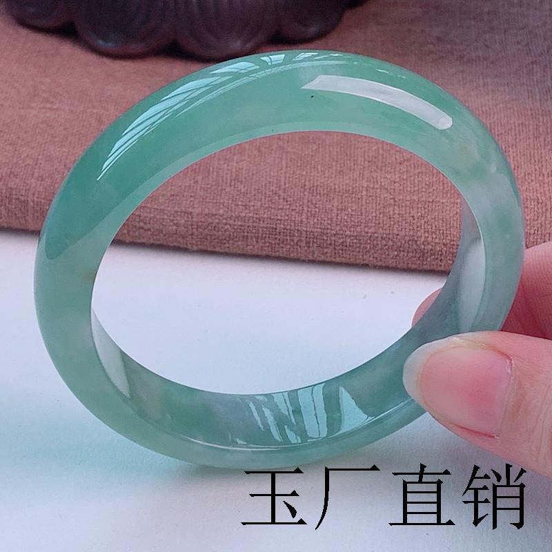 缅甸翡翠手镯冰糯种油青正圆冰种透蓝贵妃镯子飘花玉手镯送妈妈礼
