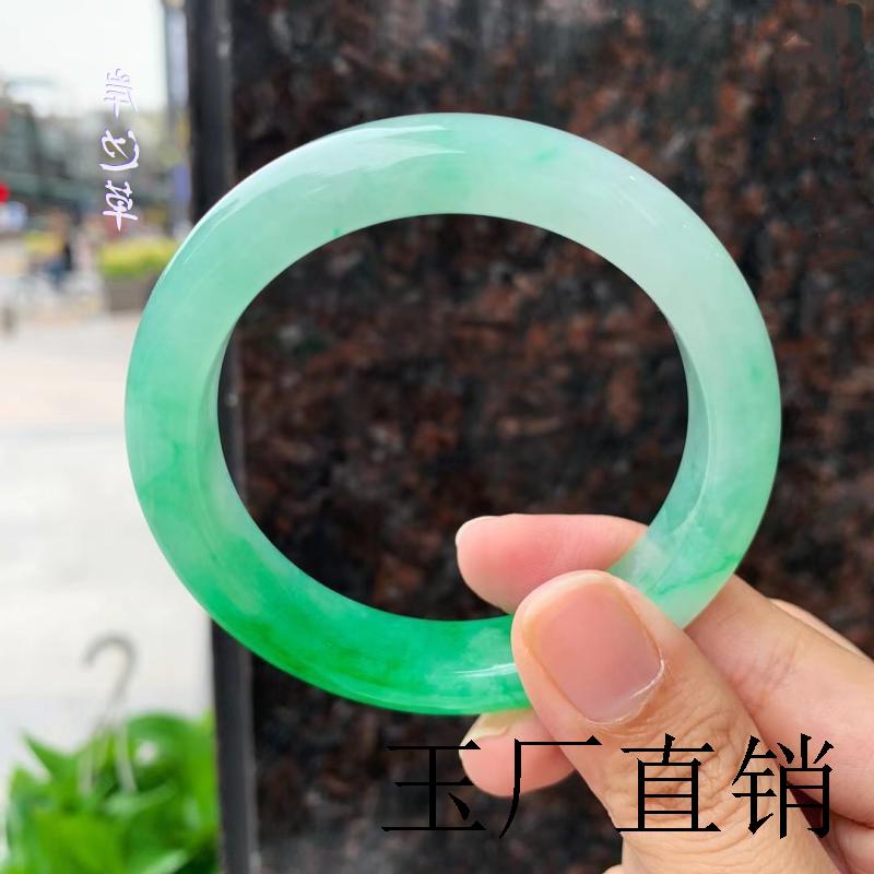 缅甸翡翠色手镯冰糯种飘花阳绿白底青春彩正圈圆条贵妃女玉镯包邮