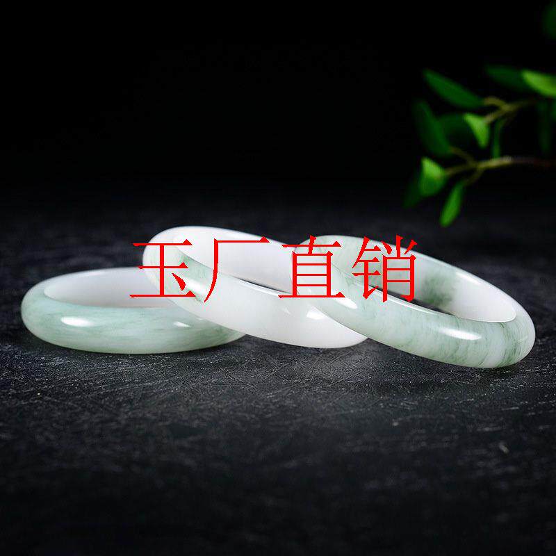 高冰种天山翠玉手镯女款金丝玉冰透飘绿花白玉镯贵妃美人镯送礼物