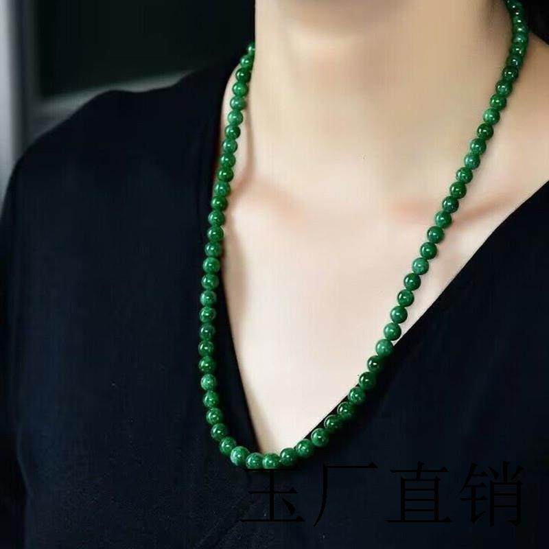 翡翠圆珠项链女款干青铁龙生祖母绿毛衣链处理玉石珠串活口锁骨链