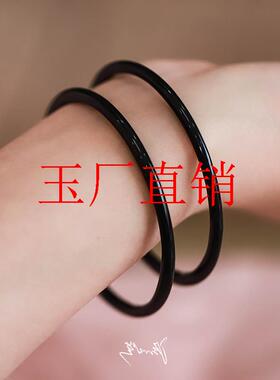经典黑叮当镯一对高端玉髓玛瑙极细圆条手镯少女款玉镯古风手饰品