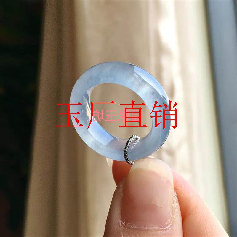 缅甸高冰玻蓝天空蓝玉石指环翡翠色蓝水戒指男女戒圈口石英岩送礼