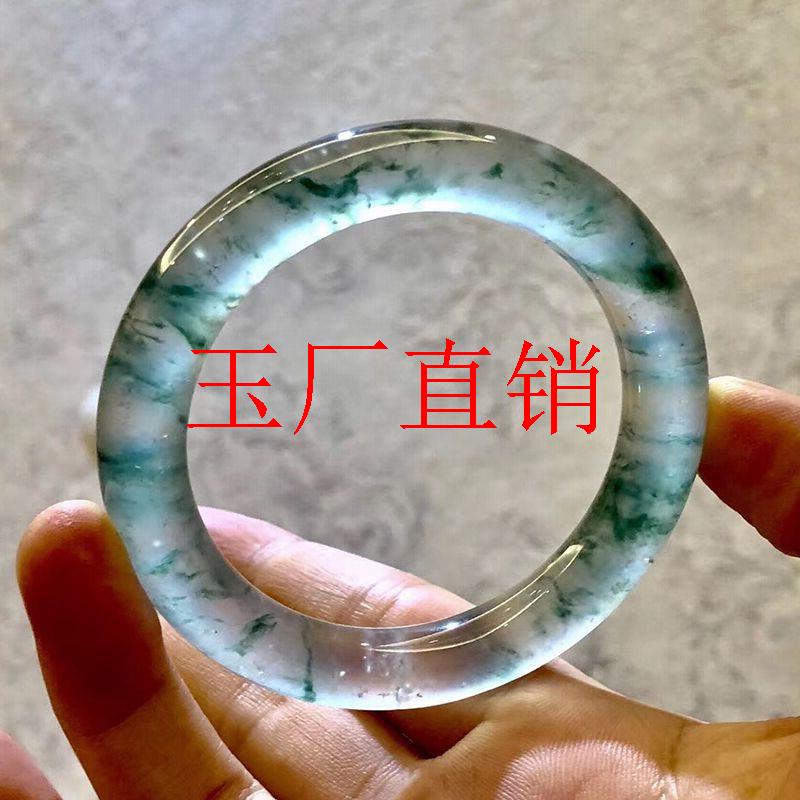 精选缅甸高冰种飘花翡翠色手镯冰透玉镯子圆条飘绿玉手镯女款玉镯