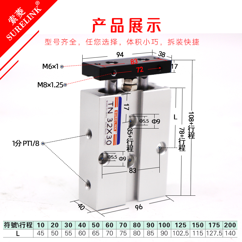 TN双杆轴气缸TDA32*10/15/20/25/30/40/50/60/70/75/100/125/150S