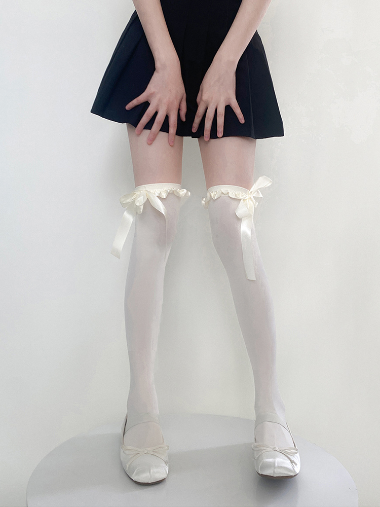 Lolita蝴蝶结绑带日系甜美高筒袜纯欲白色天鹅绒丝袜jk长筒过膝袜