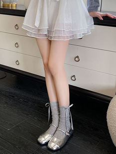 薄款 芭蕾风甜美中筒堆堆袜女miu风蝴蝶结夏季 竖条显瘦玛丽珍袜子