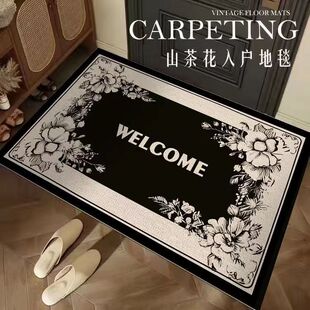 圈绒门垫玄关入户除尘蹭土防滑门口外地垫轻奢风山茶花地毯可定制