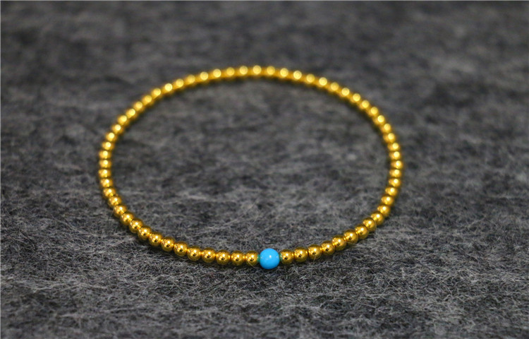 七玲珑999足金24k纯金黄金手链手串配美国蓝松石diy迷你手串现货