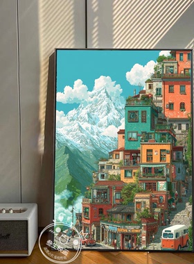 治愈系宫崎骏童话小镇客厅装饰画卡通动漫风景玄关书房儿童房挂画