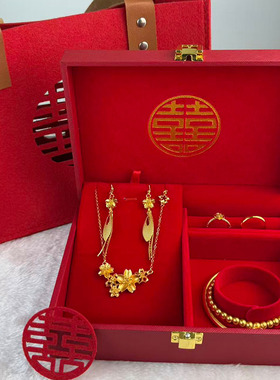 红色婚庆仿真假三金首饰套装结婚仿金五金饰品道具摆件三生花项链