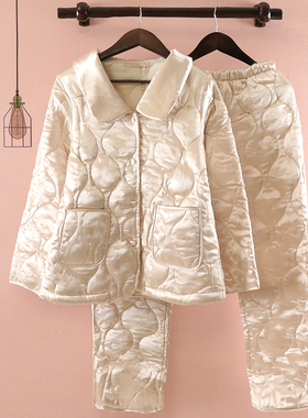 睡衣女士秋冬季薄棉加厚高档纯色丝绸法式宫廷风可外穿家居服套装