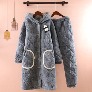 睡衣女加绒加厚三层夹棉女士中长款男士情侣珊瑚绒韩版家居服套装