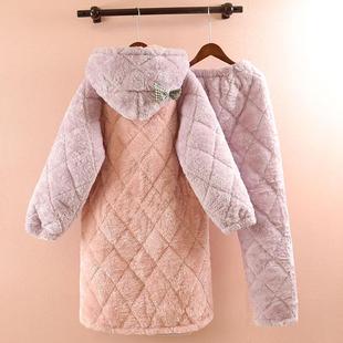 冬季加厚夹棉睡衣女士三层加绒法兰绒卡通可爱中长款可外穿家居服