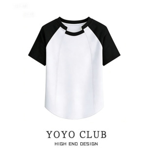 女装 品牌折扣夏季 上衣大码 撞色插肩短袖 独特好看不规则T恤潮 新款