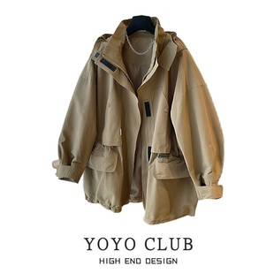 高级感宽松外套女 韩版 品牌折扣胖MM工装 风连帽风衣外套女2026新款