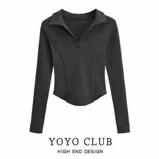 t恤女显瘦设计感polo领打底衫 鱼骨正肩长袖 上衣 秋季 专柜折扣大码