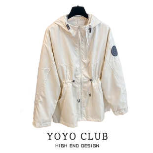 宽松夹克棒球服 外套女时尚 品牌折扣欧货秋季 拼接连帽冲锋衣中长款