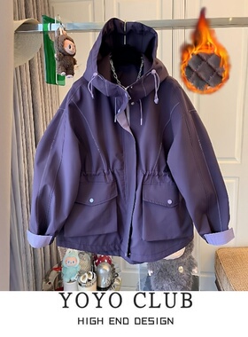 品牌折扣胖MM美式工装风保暖风衣外套2026春季宽松加厚连帽外套潮