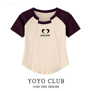 女装 修身 撞色印花T恤短袖 内搭短款 正肩上衣 2026夏季 品牌折扣大码