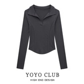 女装 秋季 美式 品牌折扣捡漏大码 鱼骨翻领上衣不规则正肩长袖 T恤女