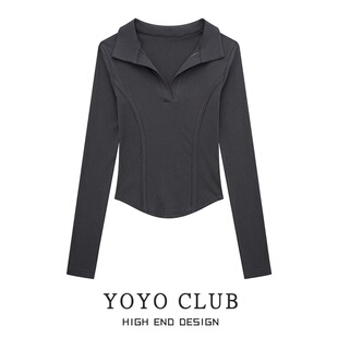 鱼骨翻领上衣不规则正肩长袖 品牌折扣捡漏大码 美式 秋季 T恤女 女装