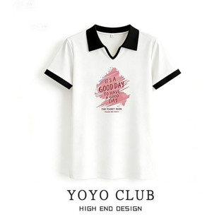 女装 品牌折扣夏季 t恤女大码 撞色翻领短袖 设计感减龄显瘦上衣 新款