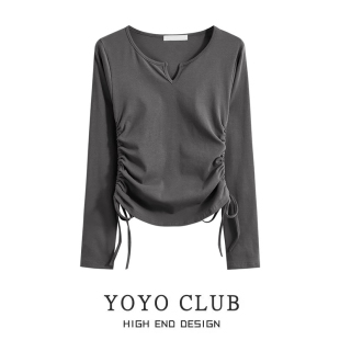 t恤女设计感褶皱抽绳打底衫 品牌折扣捡漏大码 正肩V领长袖 秋季 女装