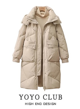 品牌折扣大码冬季连帽长款羽绒棉袄女过膝加厚棉服外套女面包服潮