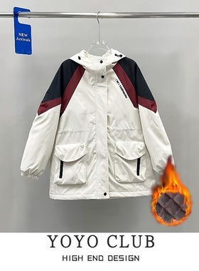 品牌折扣胖MM美式复古工装风宽松外套2025百搭休闲夹棉冲锋衣外套