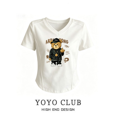 大码女装夏季V领小熊短袖T恤显瘦