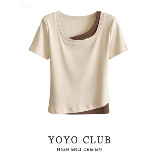 新款 短款 假两件正肩方领短袖 女装 显瘦上衣 t恤女大码 品牌折扣夏季