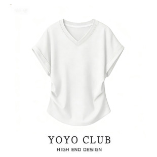 女装 品牌折扣夏季 上衣大码 洋气减龄别致抽褶短袖 设计感V领T恤 新款