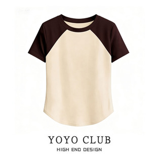 正肩短袖 撞色插肩袖 t恤修身 女装 上衣 设计感大码 品牌折扣2026夏季