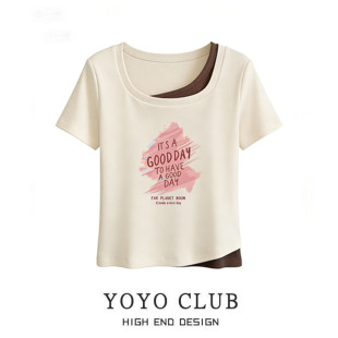 女装 品牌折扣2026夏季 上衣大码 假两件短袖 撞色显瘦百搭T恤潮 新款