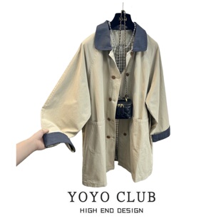 百搭显瘦外套 大码 品牌折扣美式 休闲慵懒风撞色翻领风衣女2026春季