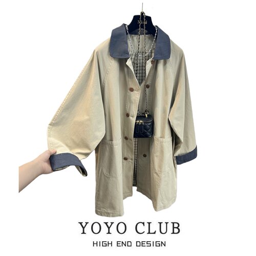 美式休闲慵懒风撞色翻领风衣女潮