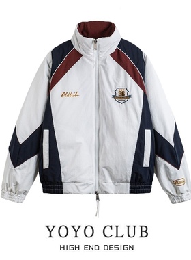 品牌折扣胖MM美式复古撞色拼接立领棉服2025男女情侣保暖棉衣外套