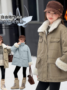 女童加厚羊卷毛大毛领派克服中长款棉服中大童女孩秋冬季风衣外套