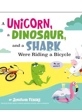 【预售】恐龙独角兽鲨鱼骑自行车英文儿童绘本插画师精装进口原版书6岁-9岁Dino Unicorn Shark Ride BikeFENSKE  JONATHANPengu