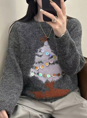 圣诞节穿搭新年红色圣诞树套头毛衣女秋冬季加厚慵懒风针织衫上衣