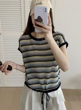 35274【大厅7排3号上】网图圆领条纹抽绳短袖针织T恤[1881]34