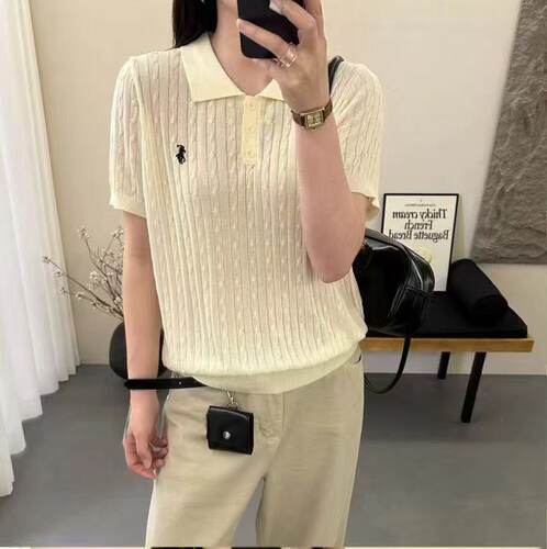夏季polo领麻花针织短袖T恤女