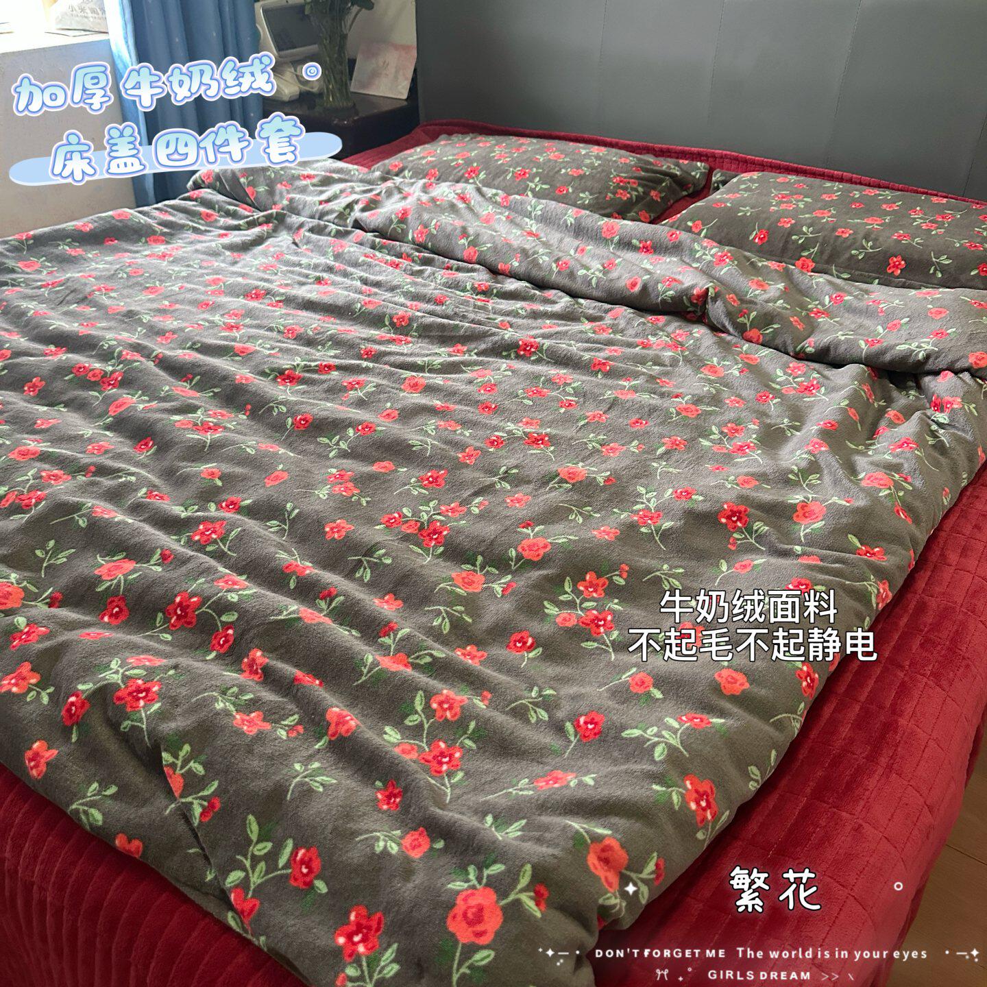 2025新款亲肤舒适加厚印花牛奶绒床盖四件套