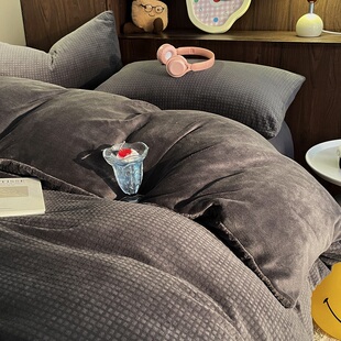 华夫格牛奶绒四件套加厚冬季珊瑚绒双面绒男生被套加绒三件套保暖