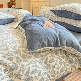 加厚保暖可奶绒四件套冬季加绒被套床单毛绒珊瑚绒学生宿舍三件套